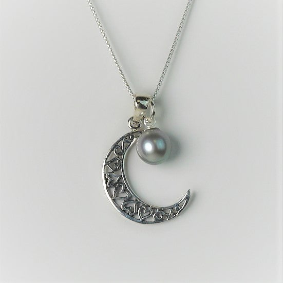Sterling Silver Crescent Moon Necklace with Pearl